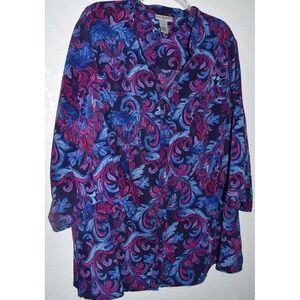 Catherines 2X Top Button Front Short Slv Lightweight Stretch Paisley Purple Blue